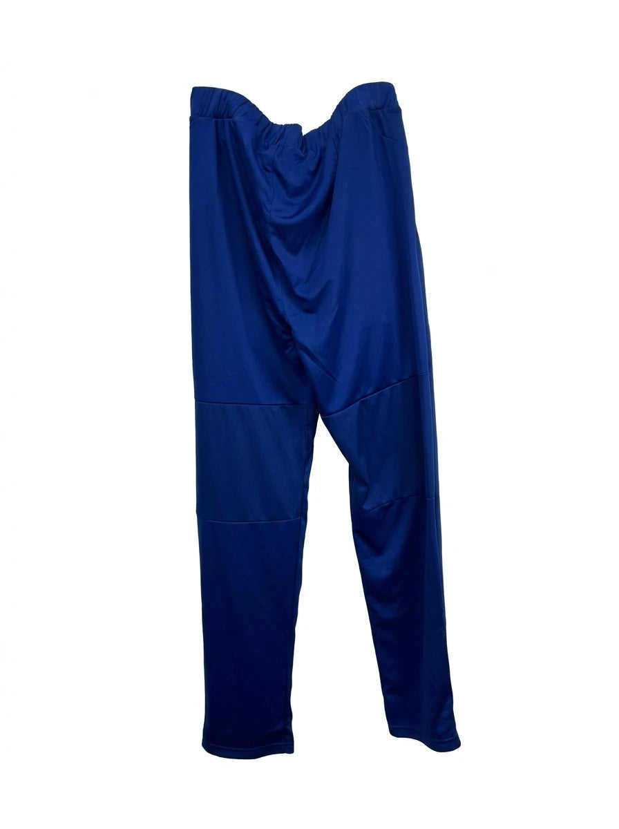 Enhanced Back view of men’s royal blue Castore England cricket tracksuit bottoms hanging on a hanger