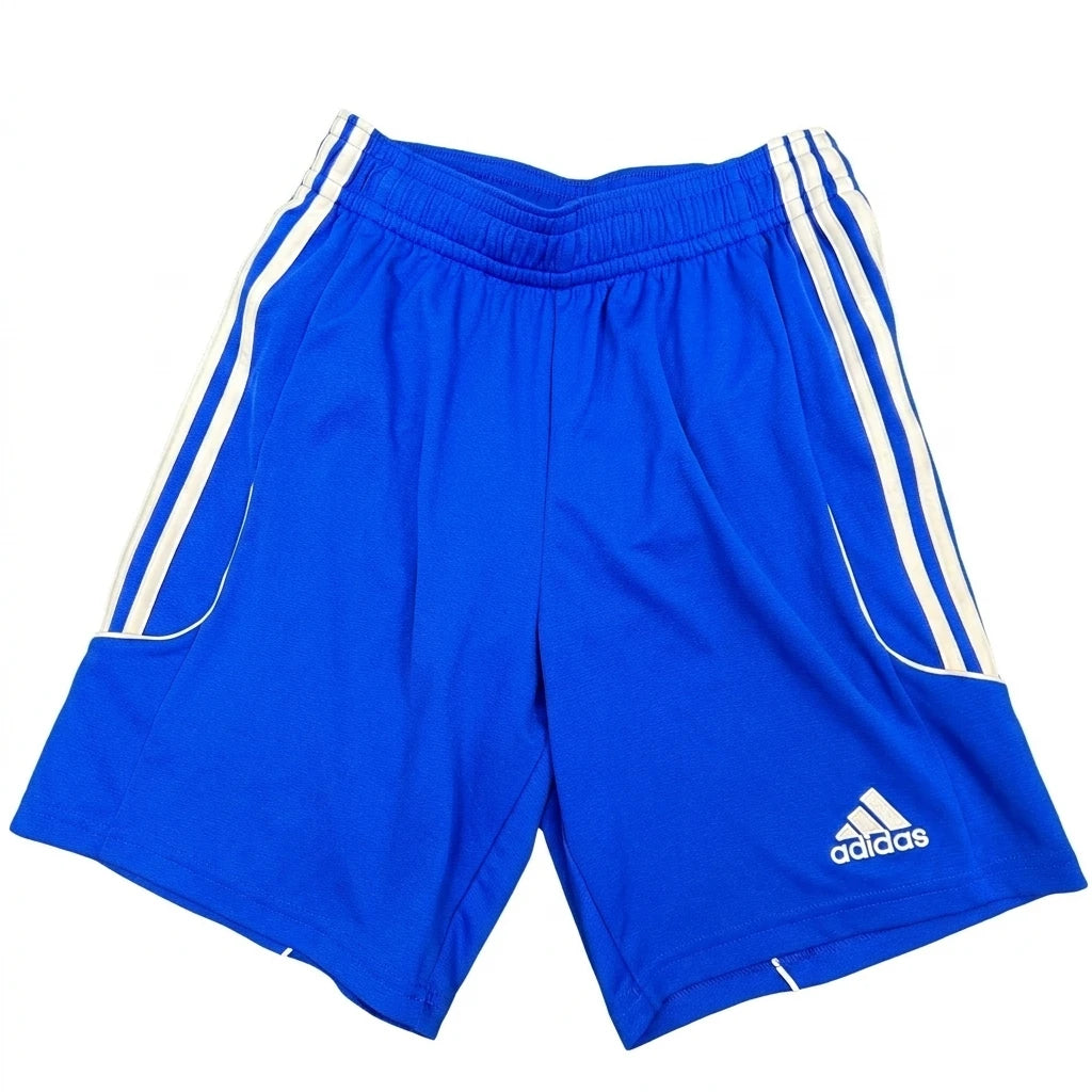Enhanced Front view of blue adidas Climalite sports shorts with white stripes
