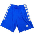 Enhanced Front view of blue adidas Climalite sports shorts with white stripes