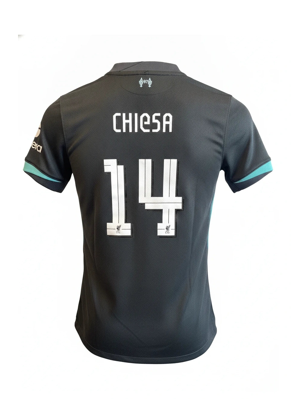 A Liverpool Kids Football Kit Chiesa 14 Nike Dri-FIT in black with teal accents, displayed on a white background.