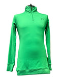 Vibrant green Under Armour 1/4 zip top with long sleeves displayed on a mannequin against a green background