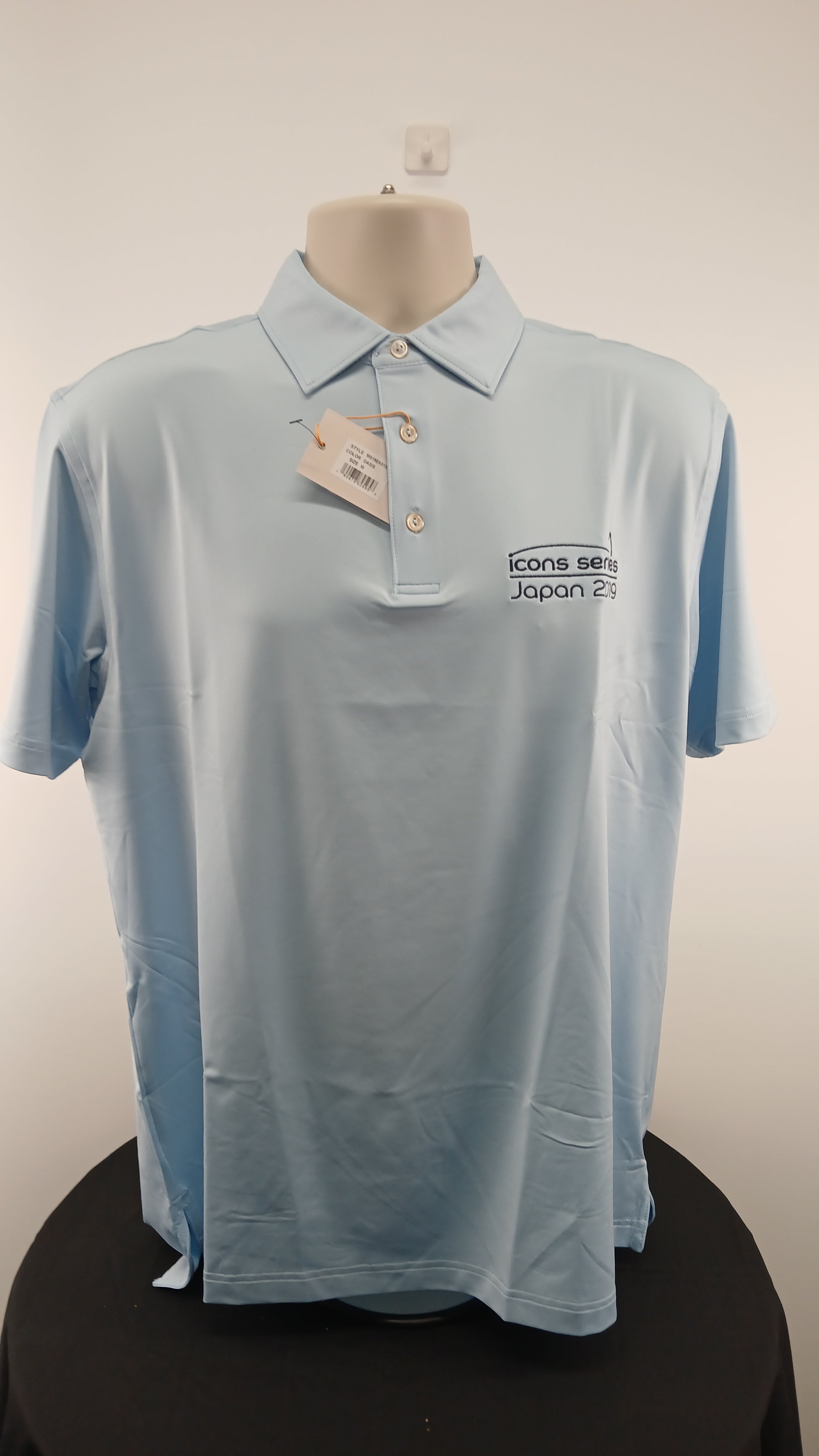 Peter Millar Icons Series polo shirt Japan 2019 event edition in oasis blue, front detail, size M