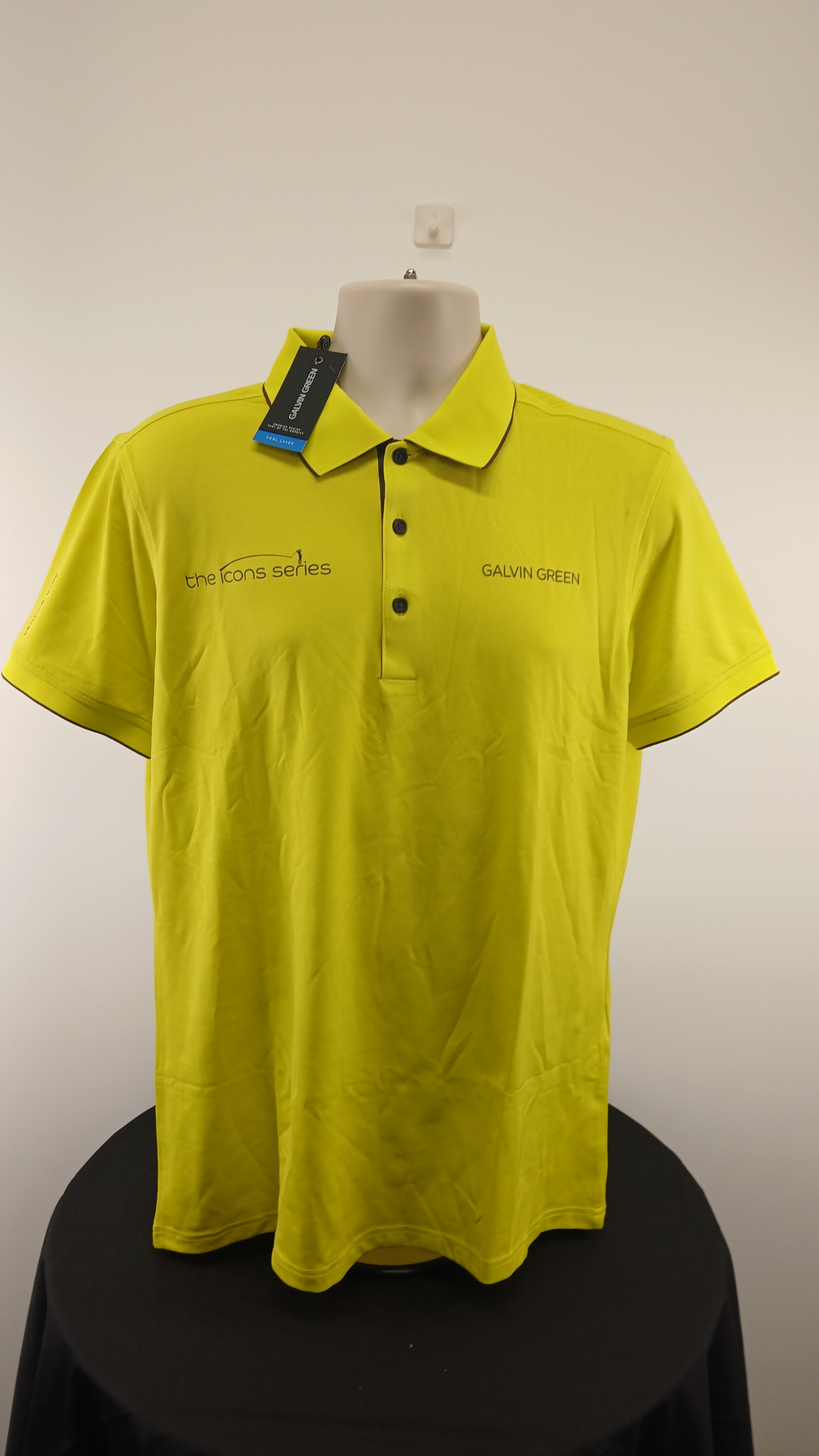 Front view of Galvin Green Icons Series lemonade yellow golf polo shirt size M