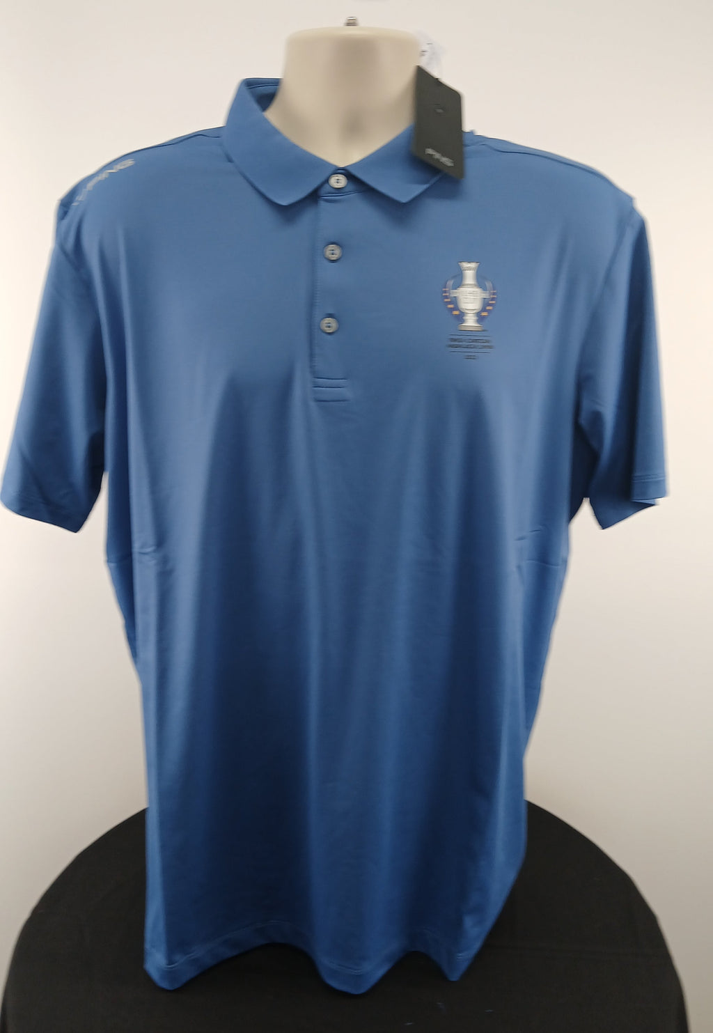 Front view of Ping Solheim Cup 2023 men's horizon blue golf polo shirt, size XL