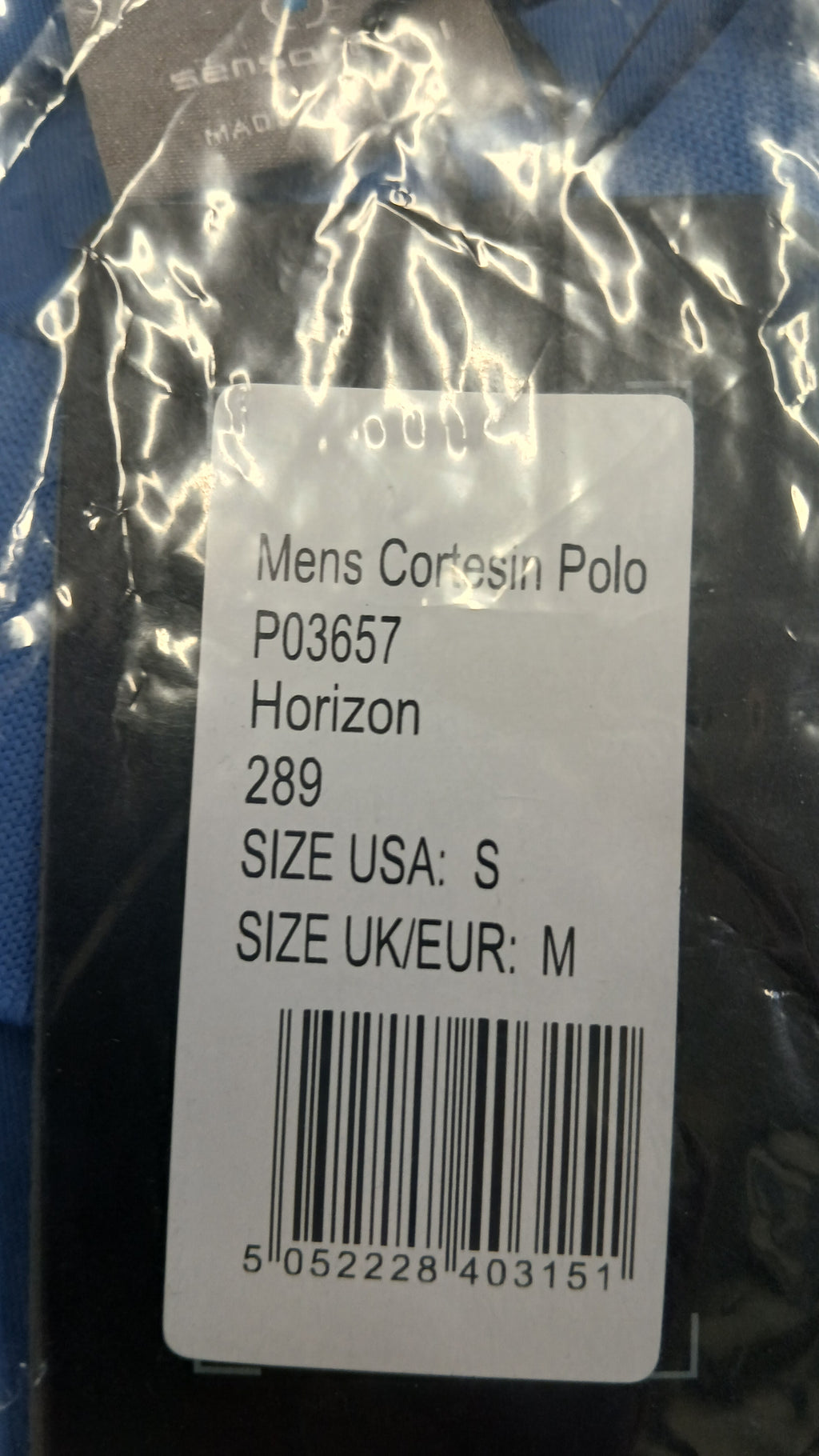 Product label showing details for Mens Cortesin Polo, Horizon, size M