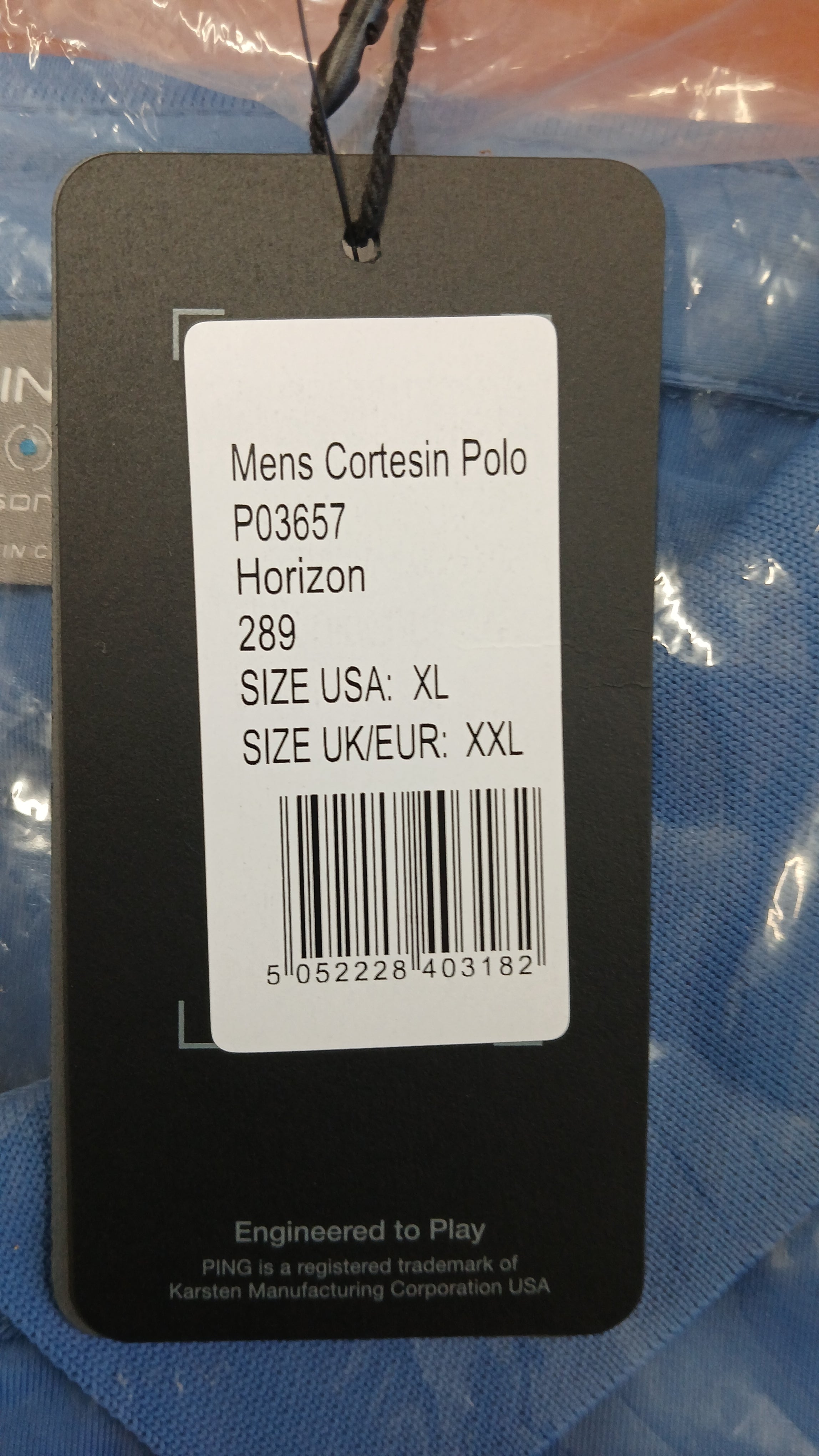 Close-up of tag showing details for Ping Mens Cortesin Polo, size XXL