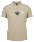 A professional studio photograph of the Men's Callaway Swingtech short-sleeved polo shirt in beige with a clean white background, showcasing the BMW logo and a Swing Tech garment tag.