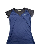Enhanced Kitround Babolat women's dark blue short sleeve tennis t-shirt with moisture-wicking fabric and logo.