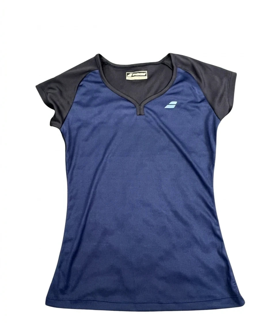Enhanced Kitround Babolat women's dark blue short sleeve tennis t-shirt with moisture-wicking fabric and logo.