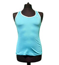 Front view of Nike women's racerback tank top in light blue with white trim displayed on black mannequin