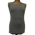 Front view of grey women's activewear tank top with thin straps on mannequin against bright green background