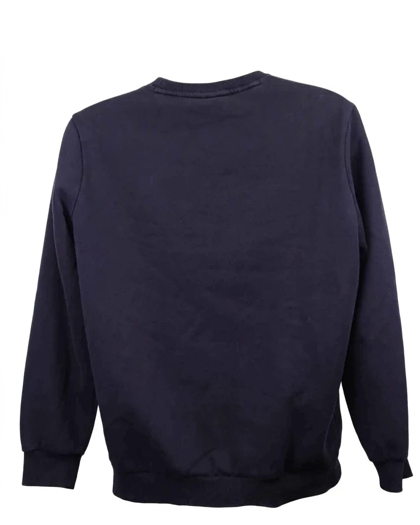 A photorealistic rear view of a black Puma crew neck sweatshirt isolated against a plain white background.