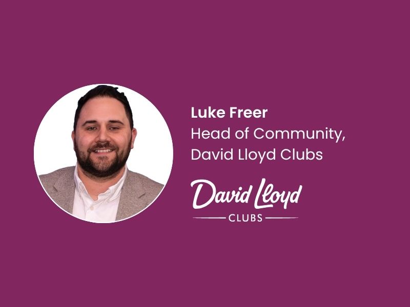 Headshot of Luke Freer, Head of Community at David Lloyd Clubs, on a purple background with club logo.