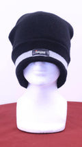Front view of black 3M Thinsulate insulated beanie with grey stripe