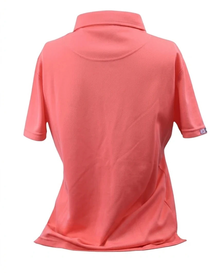 Enhanced Women's kitround Dunlop Sport polo shirt in melon orange with press stud buttons and logo.