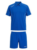 Enhanced Men's blue Babolat 1/4 zip athletic set with shorts and a short-sleeve polo shirt. White piping detail.