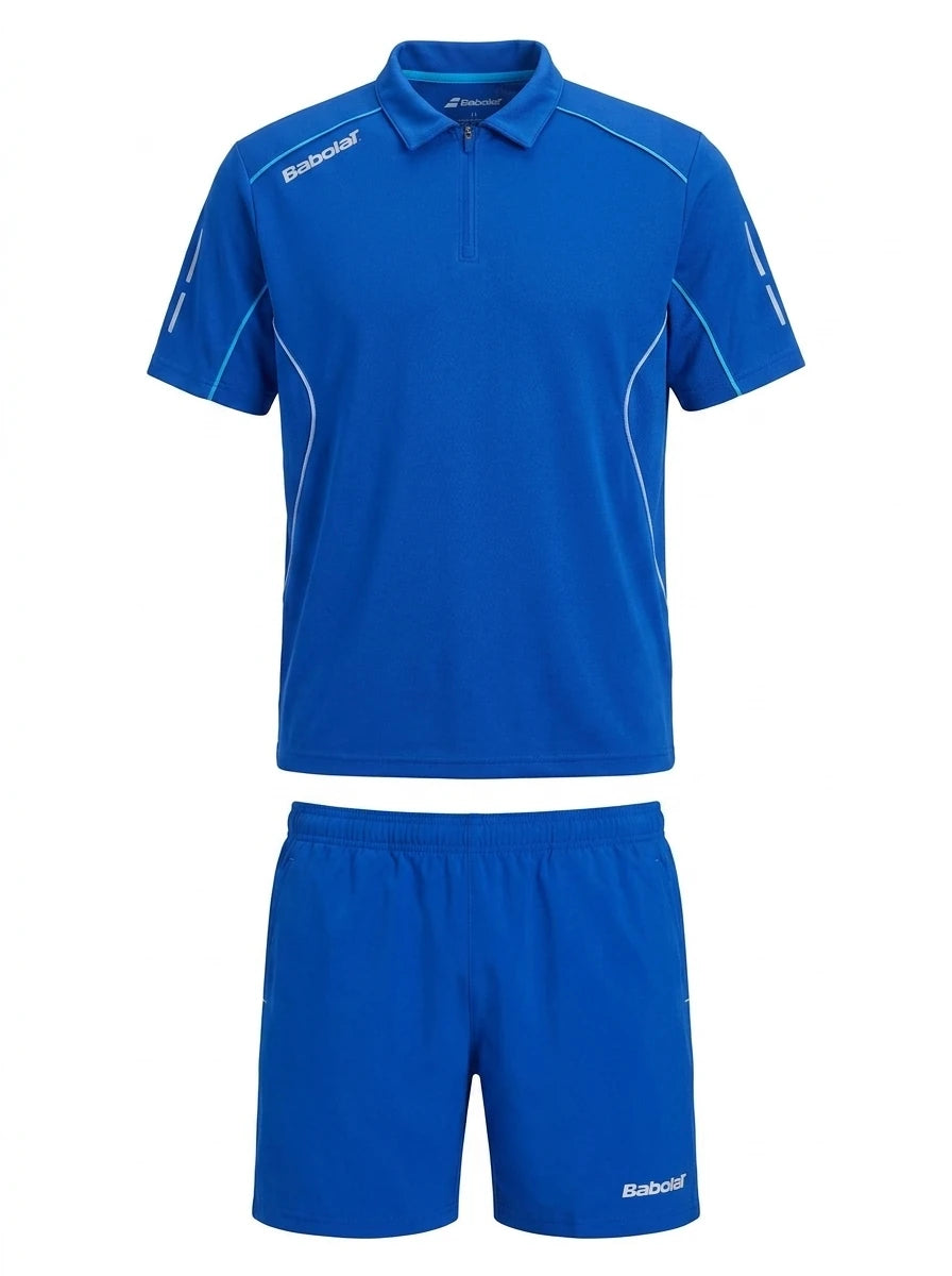 Enhanced Men's blue Babolat 1/4 zip athletic set with shorts and a short-sleeve polo shirt. White piping detail.