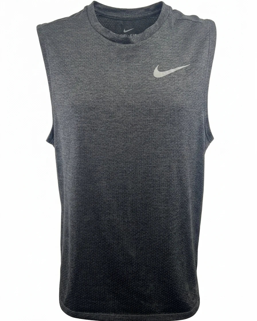 A photorealistic product image of a charcoal grey Nike Dri-FIT sleeveless running top, size small, with a reflective silver Swoosh logo, isolated on a pure white background.