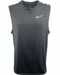 A photorealistic product image of a charcoal grey Nike Dri-FIT sleeveless running top, size small, with a reflective silver Swoosh logo, isolated on a pure white background.