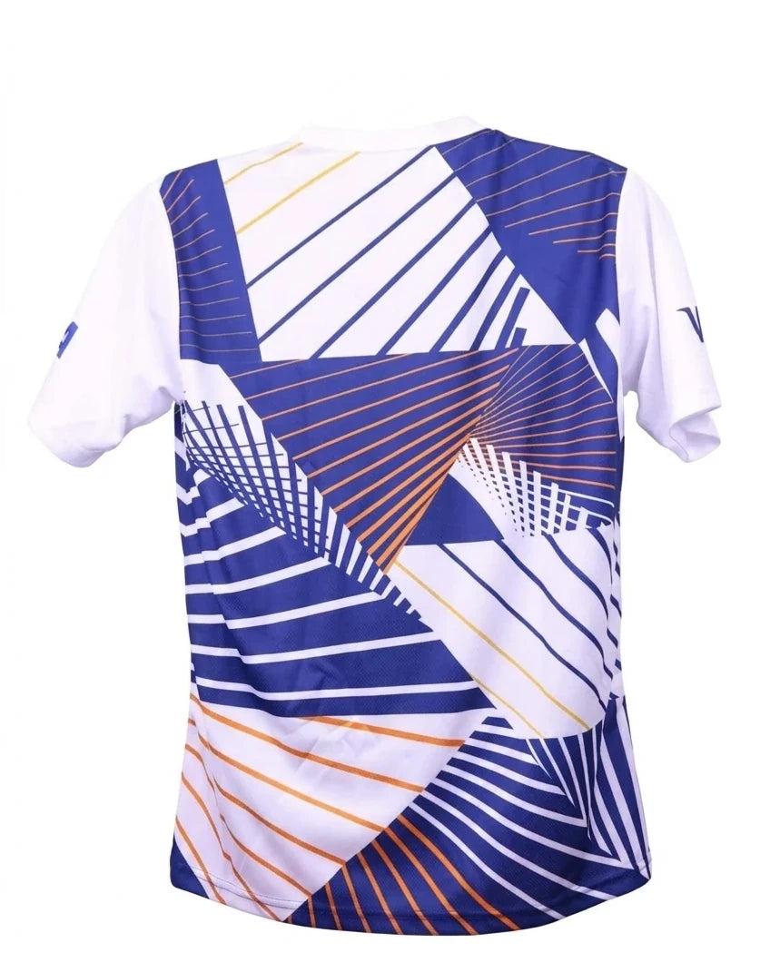 Close-up of Anka Sport white and blue T-shirt showing moisture-wicking fabric and geometric pattern detail  