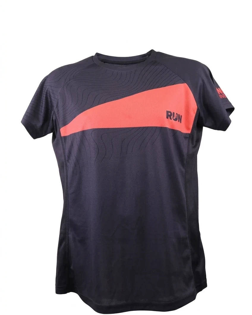 A women's black running t-shirt featuring a coral chevron with the 'RUN' logo and wavy patterns, isolated on a solid white background.