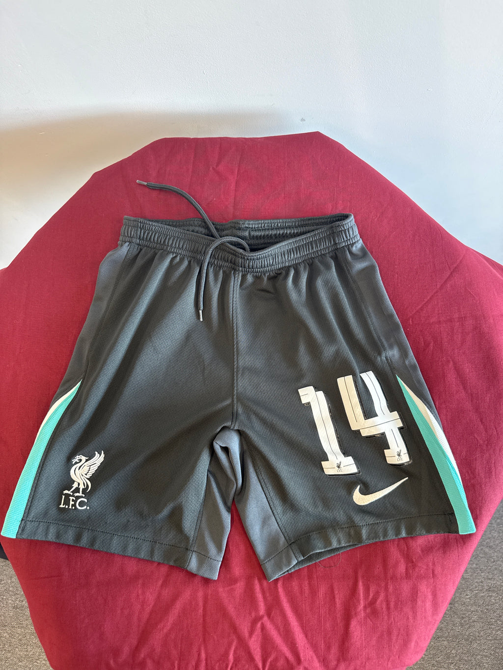Liverpool kids football shorts by Nike with LFC crest and number 14