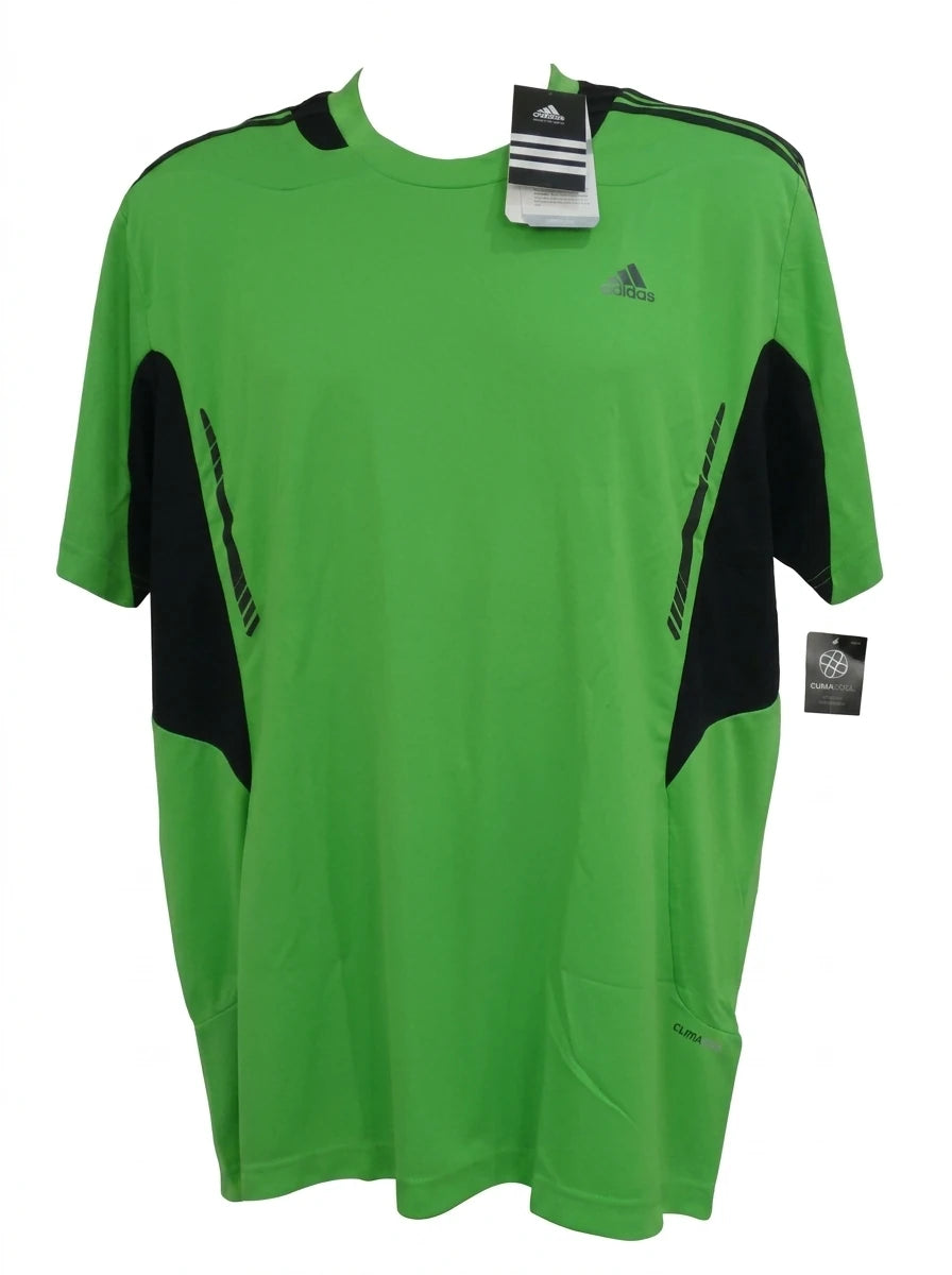 Green adidas sports top with black accents and mesh back panels for breathability, ideal for active wear  
