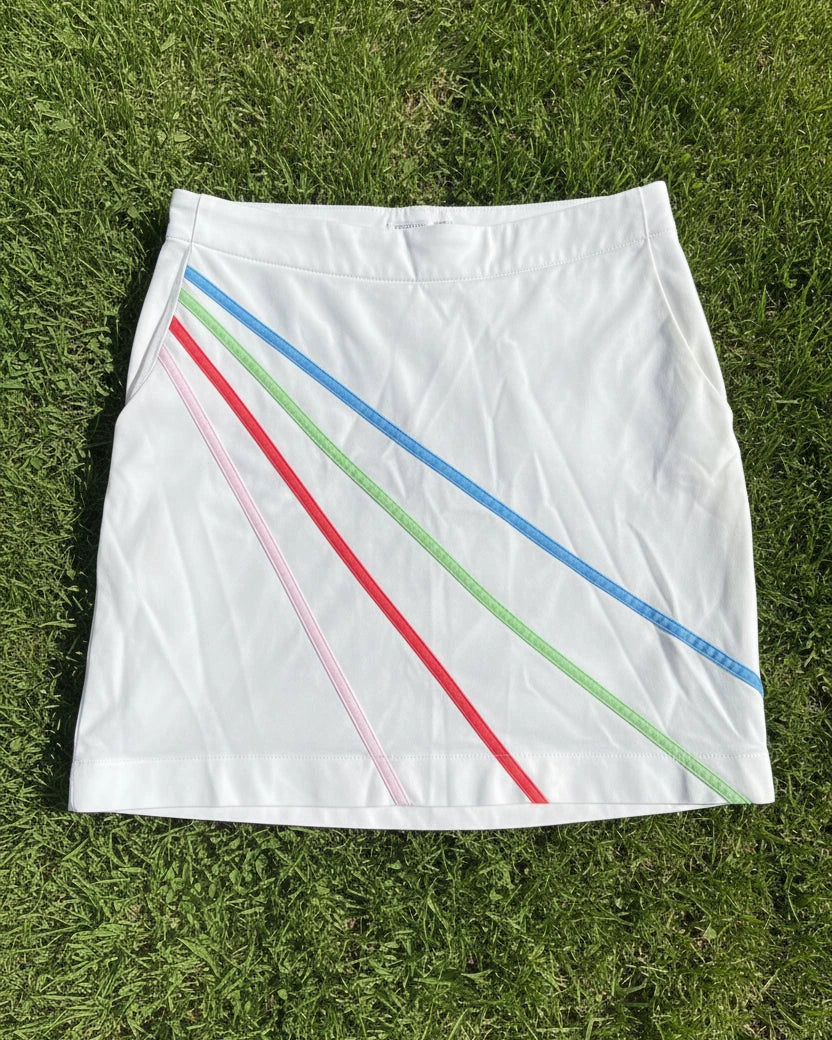 White Green Lamb Golf Skirt with Colourful Stripes - Size 10