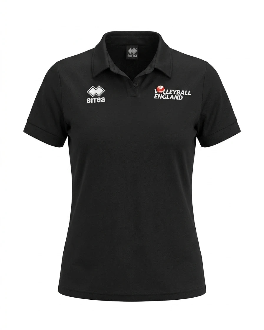 Enhanced Front view of Women's Volleyball England black polo shirt, size medium