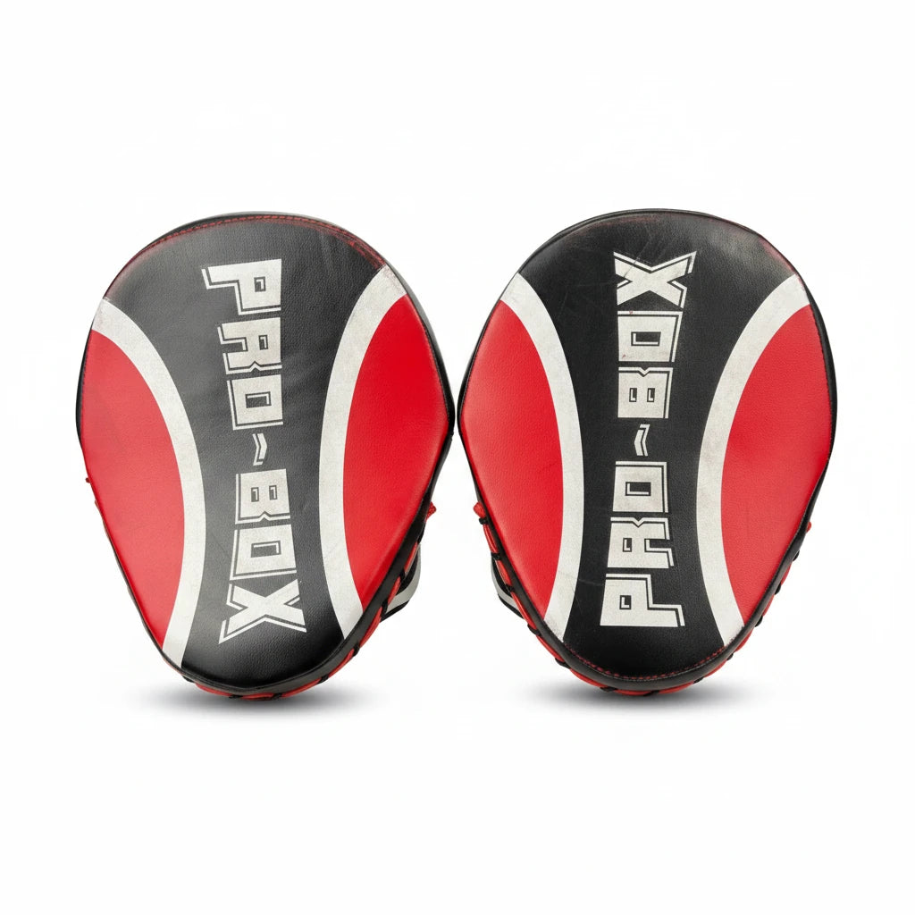Enhanced Top view of Pro-Box curved sparring pads showing black, red and white padded striking surfaces with Pro-Box branding