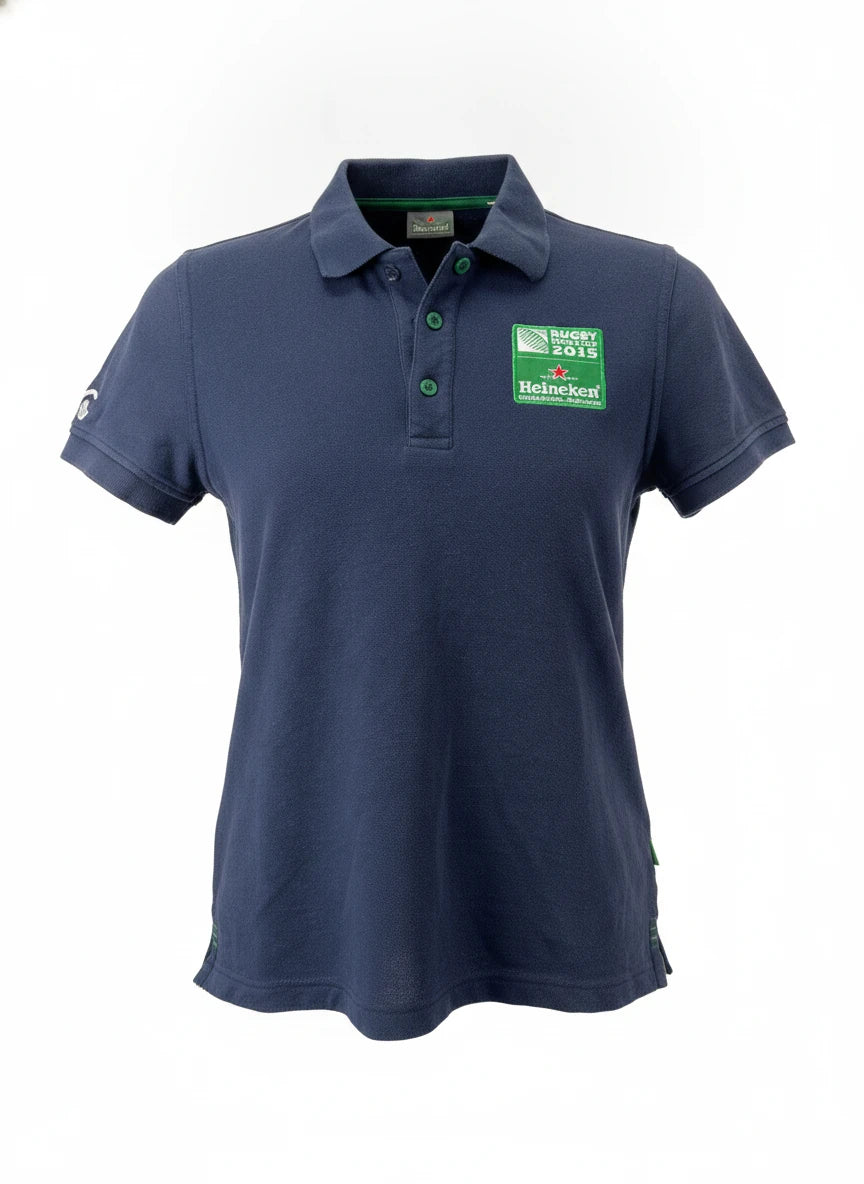 A dark blue Women's Rugby World Cup 2015 polo shirt, size M, featuring the Heineken sponsor logo