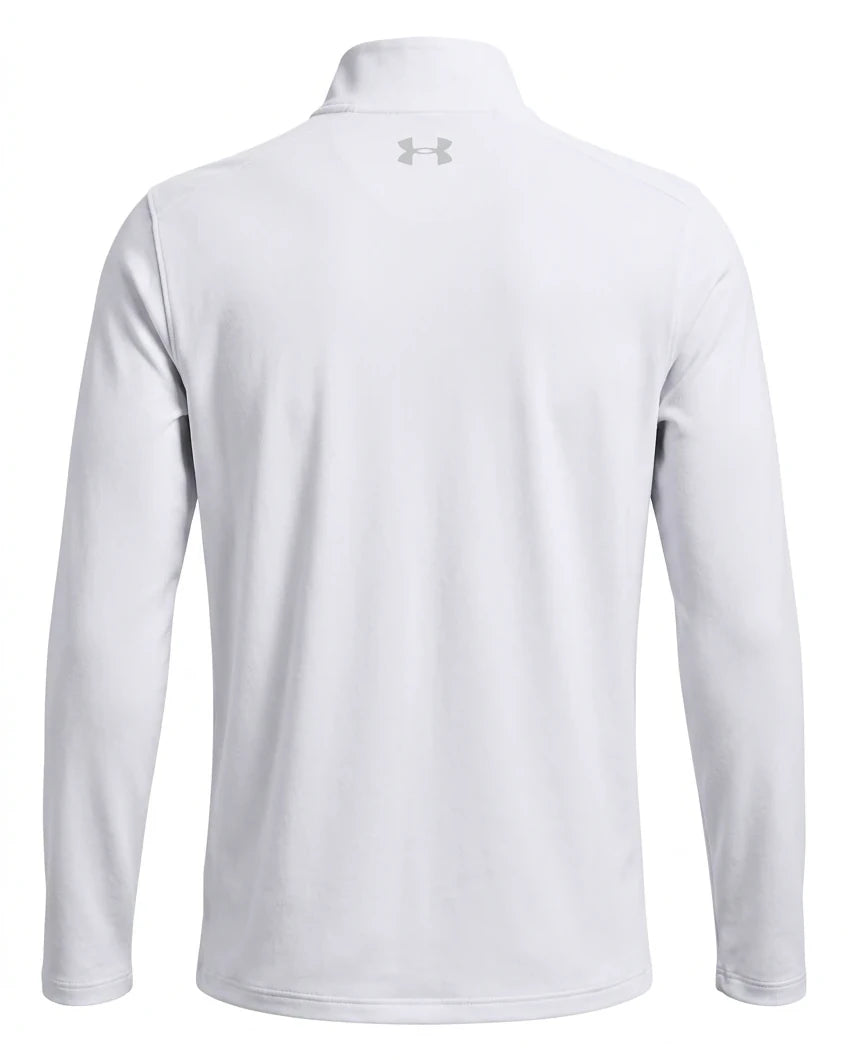 The back view of a white Men’s Under Armour Cold Gear Long Sleeved Golf Top is shown against a plain white background.