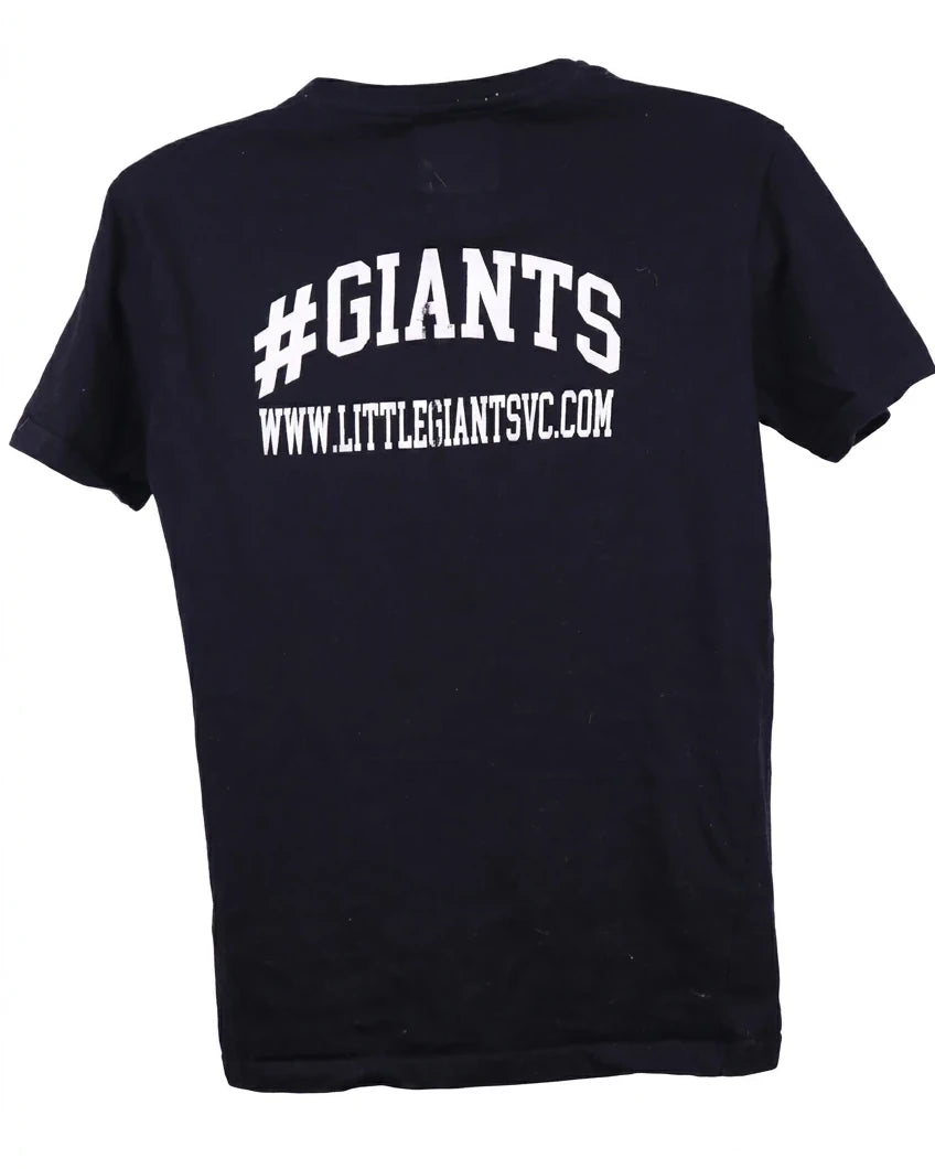 A black Little Giants Volleyball Club t-shirt featuring the #GIANTS text and website address on a clean, solid white background.