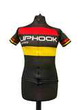 Front view of Liphook Racing cycling jersey with black, red and yellow colour blocks and full front zipper on mannequin