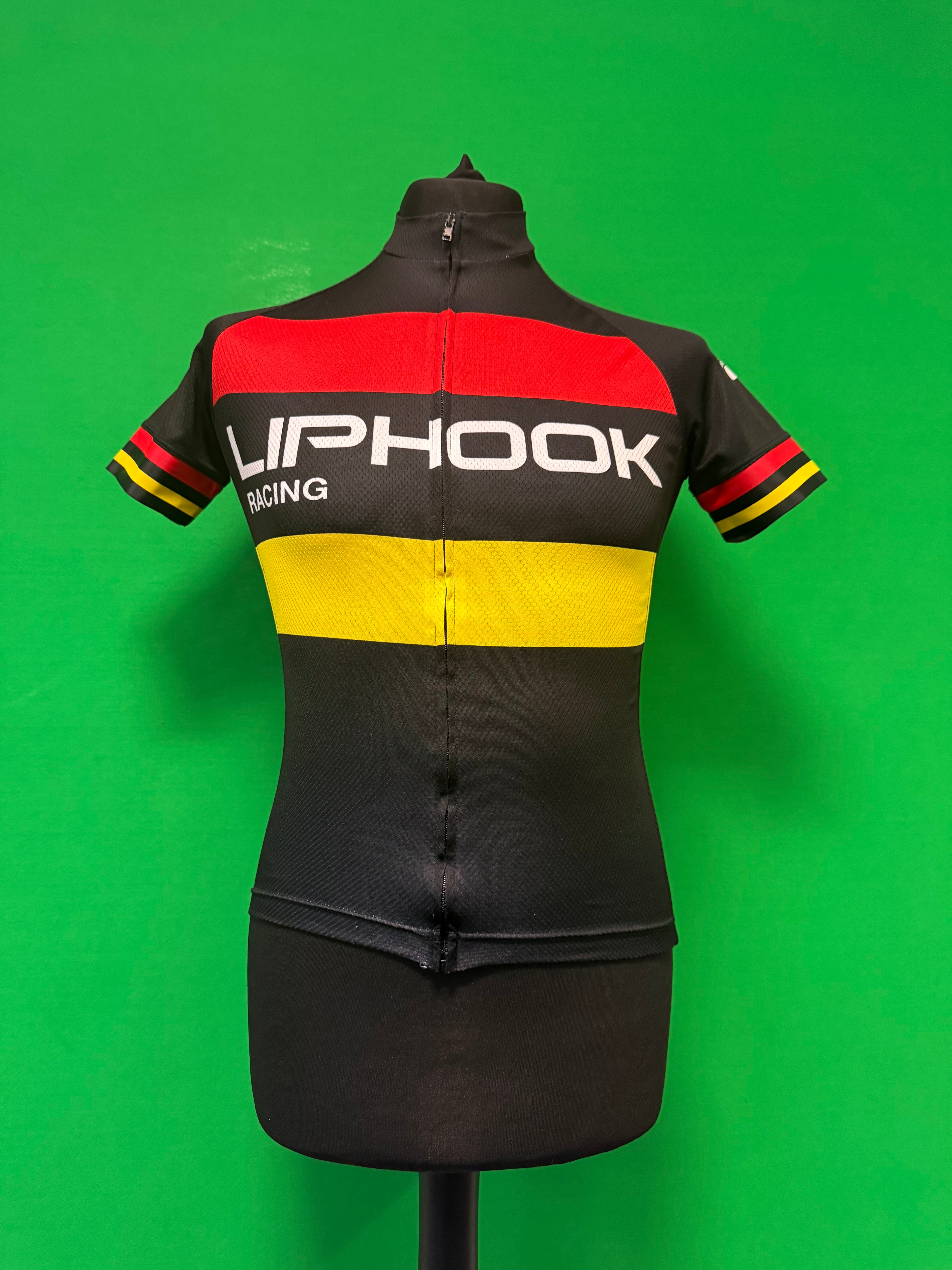 Front view of Liphook Racing cycling jersey with black, red and yellow colour blocks and full front zipper on mannequin