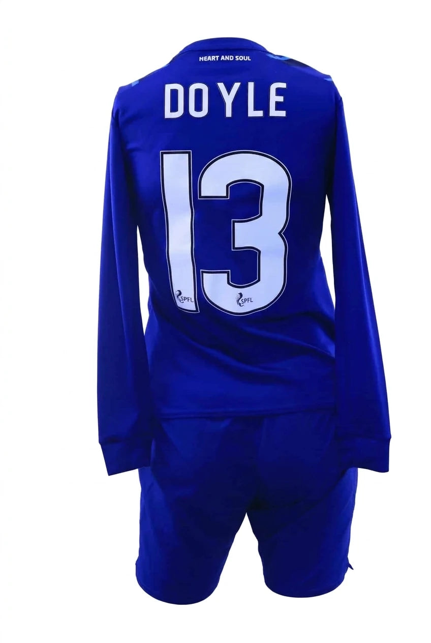A photorealistic product shot of the back of the Youths HMFC Umbro Hearts Football Strip in blue, showing the 'DOYLE 13' printing, isolated on a pure white background.