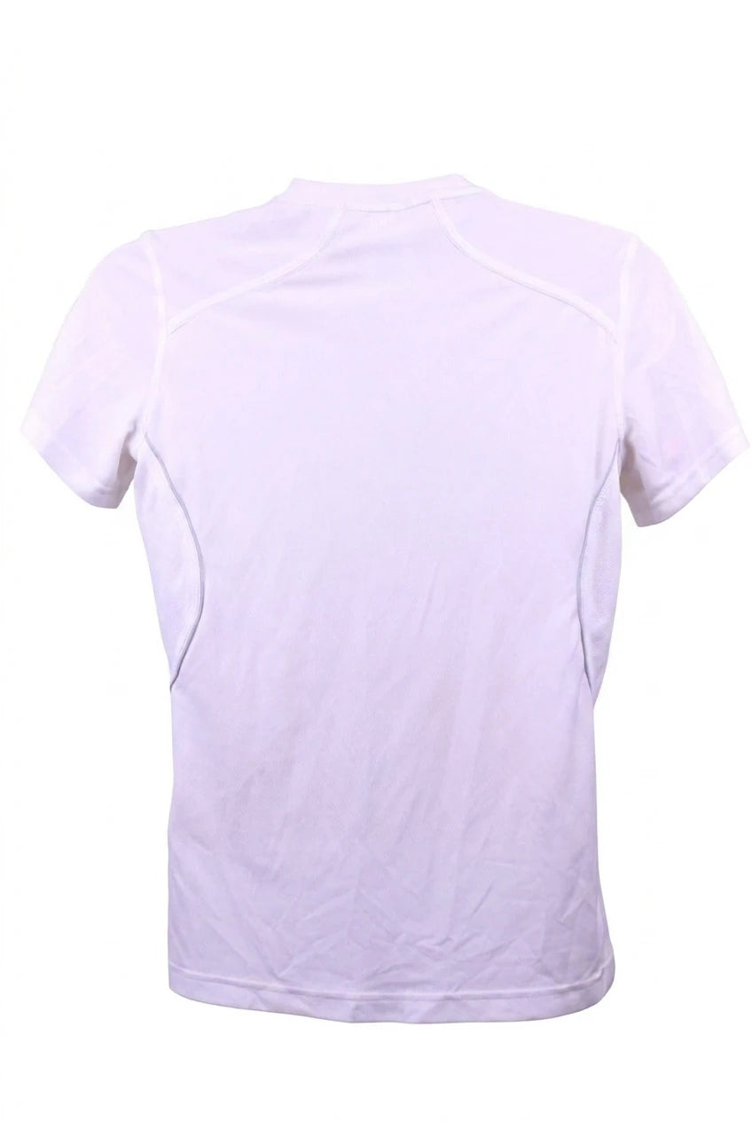 Rear view of a white adidas short-sleeved V-neck sports top with reflective trim details, isolated on a pure white background.