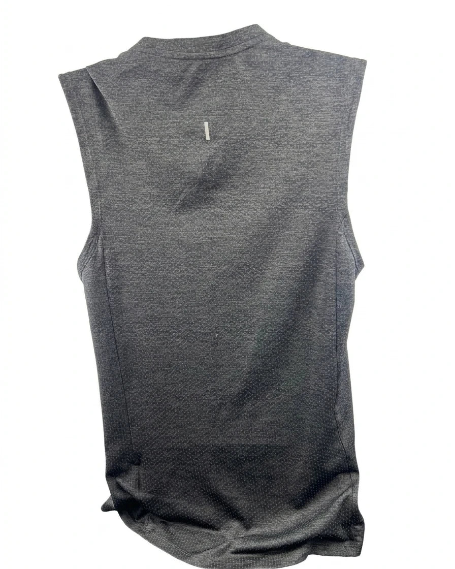 Enhanced Back view of Nike Dri-FIT sleeveless running top in dark grey, size small