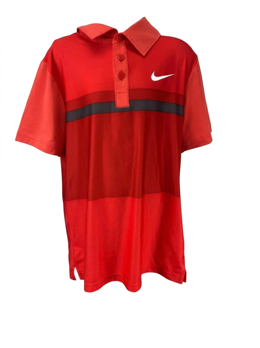kid's Nike red short-sleeved polo shirt with grey chest stripes, isolated on a white background.
