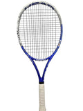 Enhanced Head Raptor MP tennis racket in blue with white grip against white wall