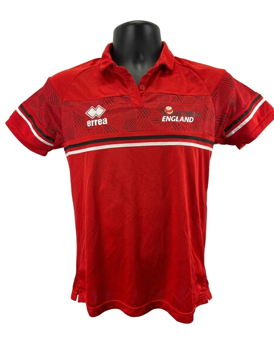 Enhanced Front view of red England Volleyball women's jersey with geometric pattern