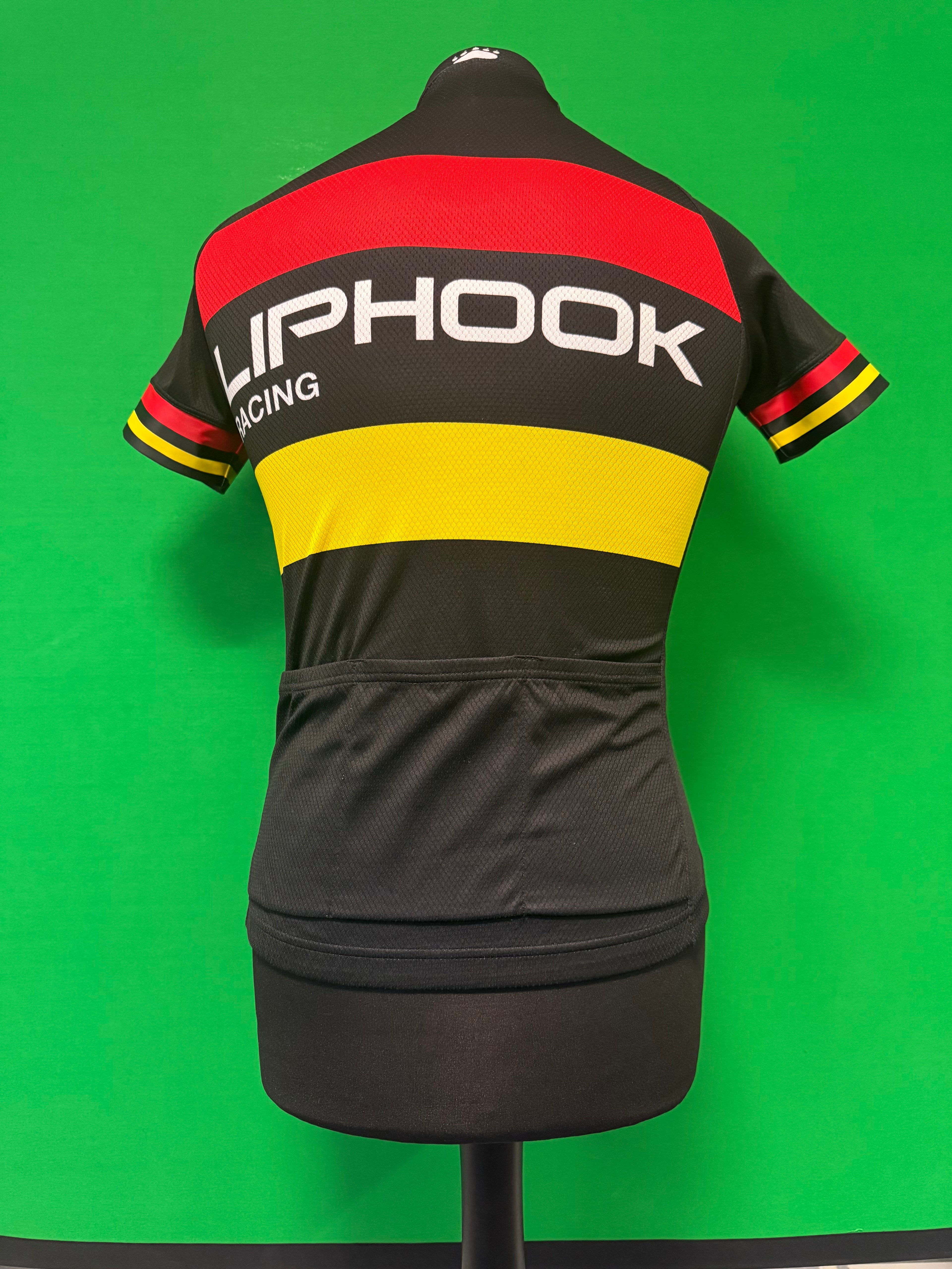 Rear view of Liphook Racing cycling jersey showcasing back pockets and bold coloured stripes on mannequin