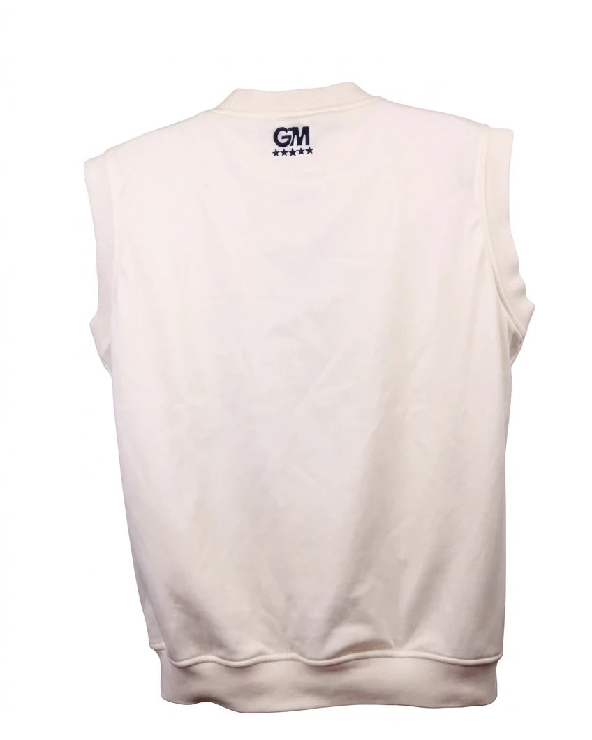 A photorealistic rear view of a cream white Men's Gunn and Moore Slip Vest, with its distinct 'GM' logo and star embroidery, isolated on a solid pure white background.
