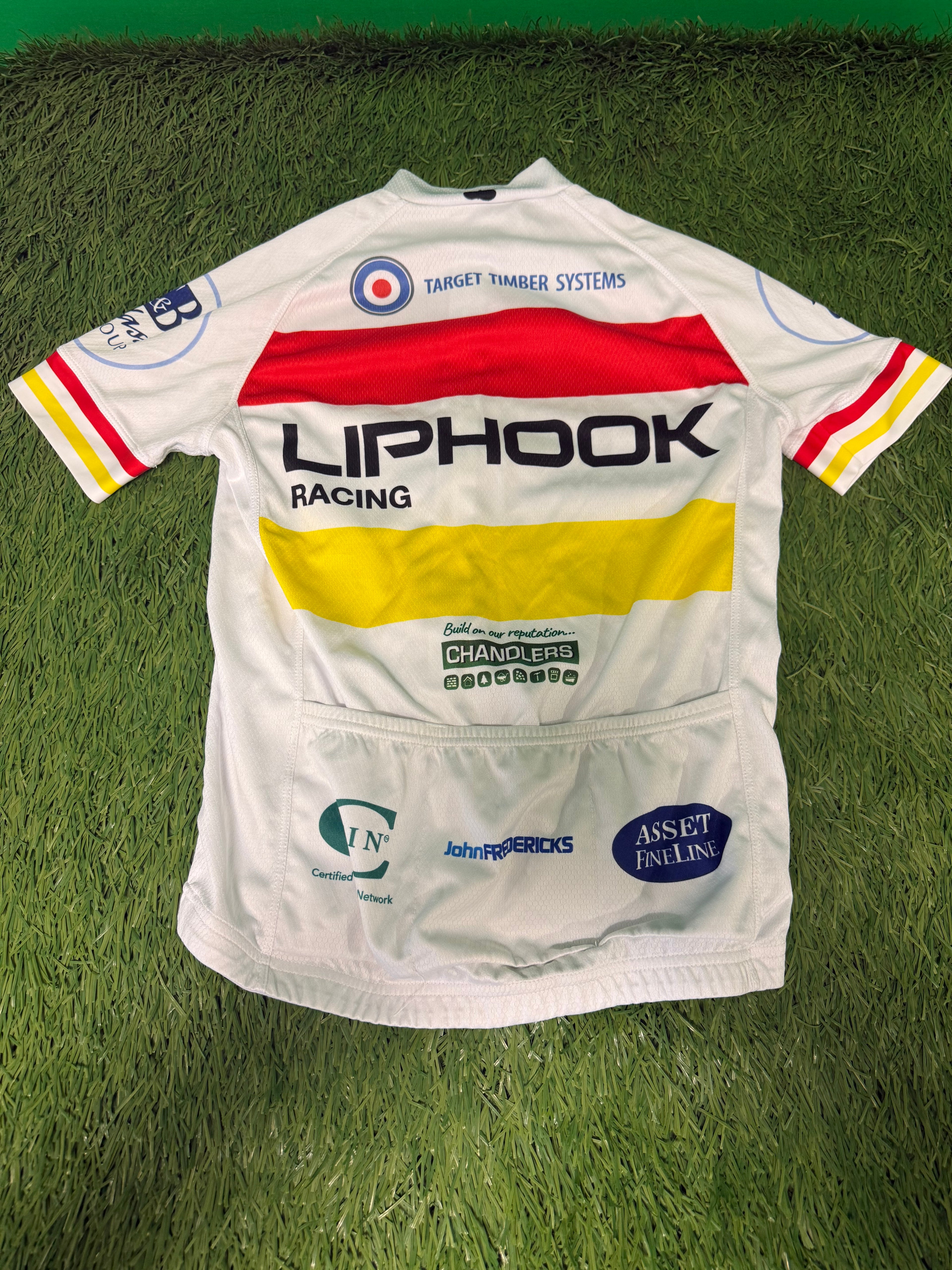 Back view of Liphook Racing cycling jersey showing sponsor logos and three rear pockets on white fabric with red and yellow stripes