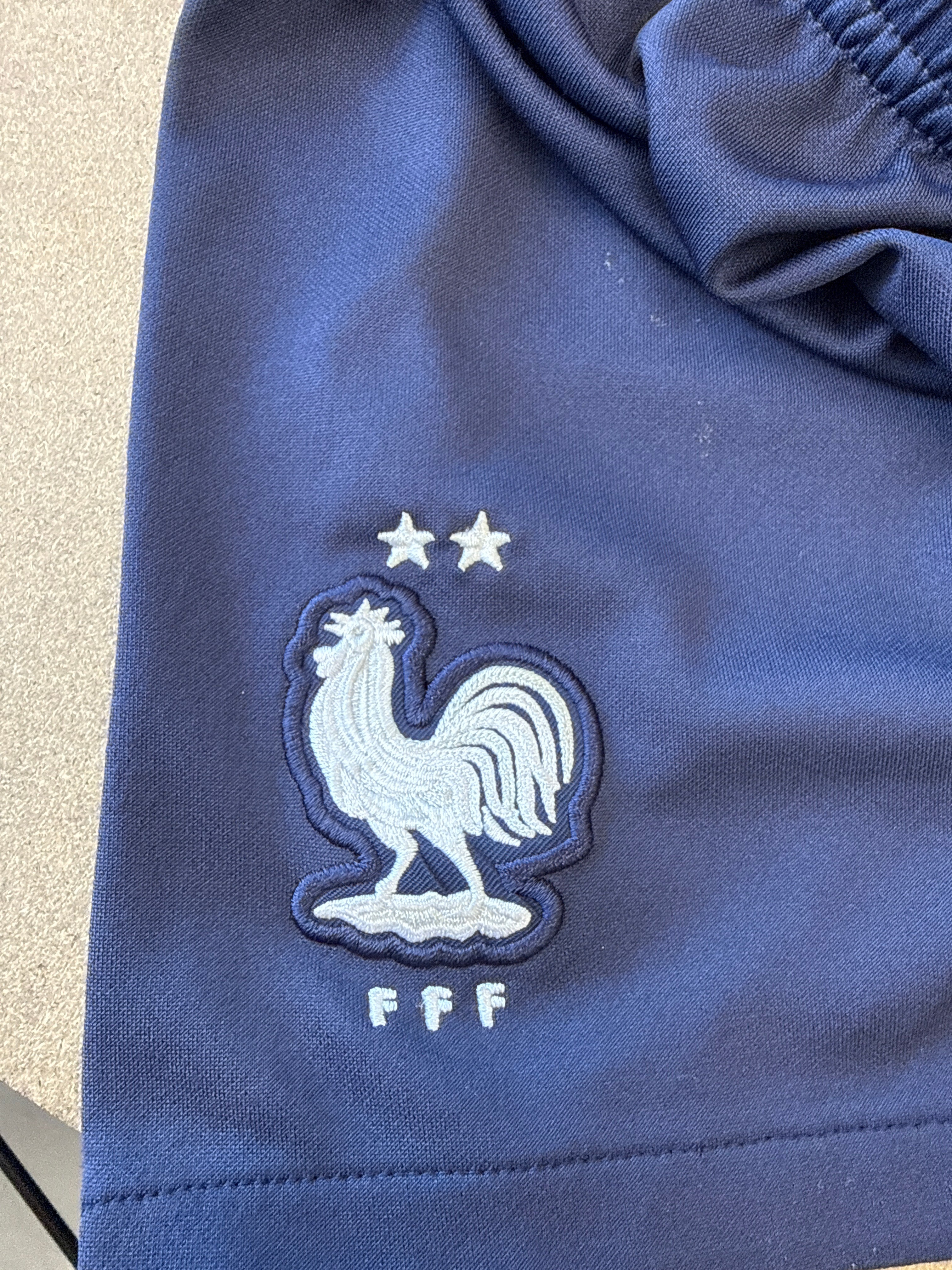 Close-up of France Football Federation crest on kids' Nike football shorts