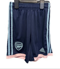 Front view of navy blue Arsenal kids' football shorts by adidas with light blue stripes and pink trim
