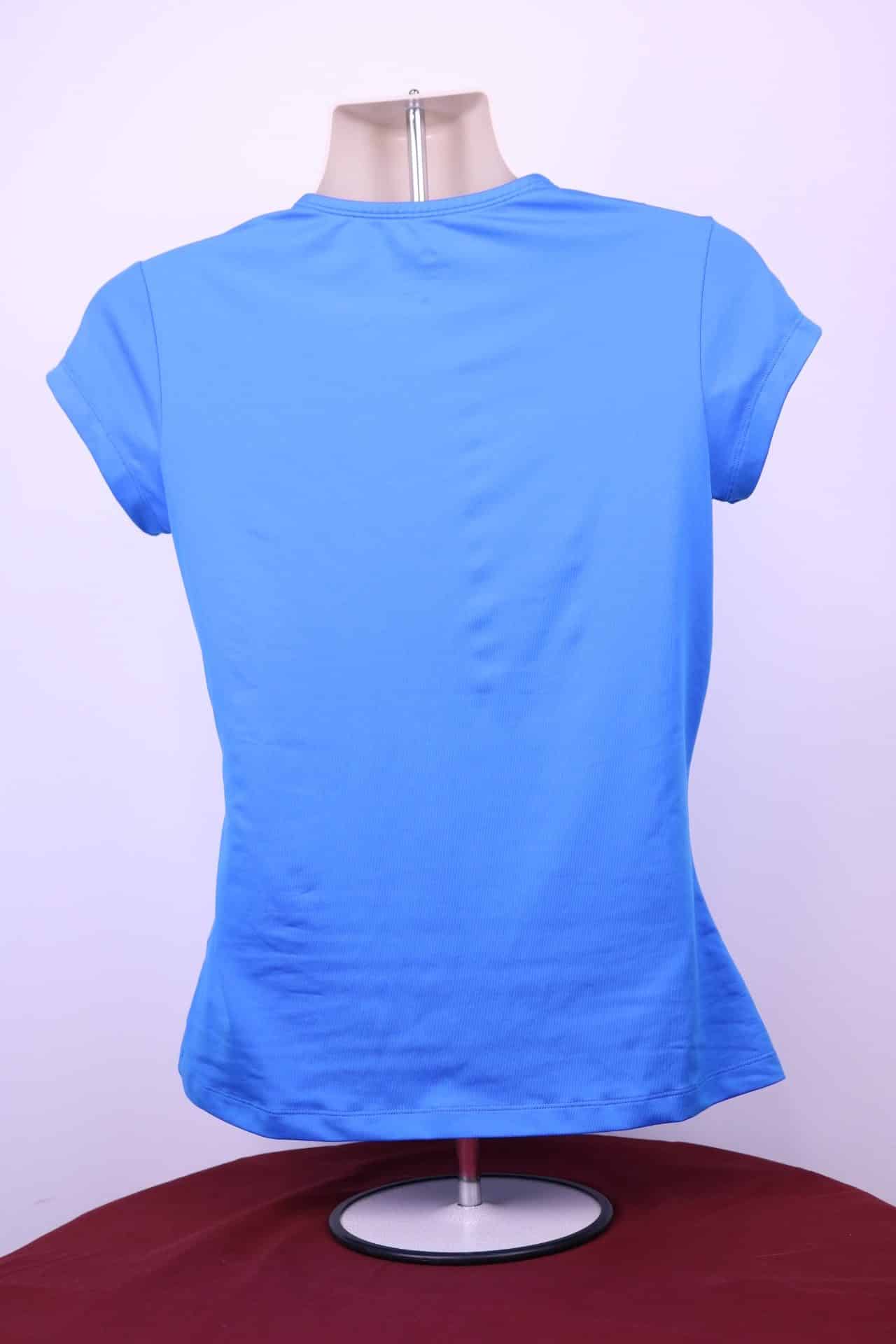 Back view of Nike Women's Dri-Fit blue round neck athletic t-shirt on mannequin