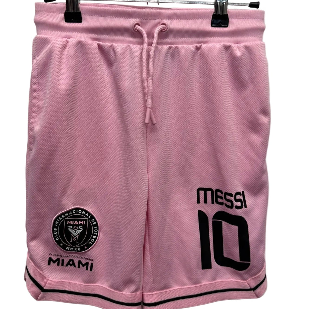 Front view of pink Inter Miami football shorts with Messi 10 and club logo