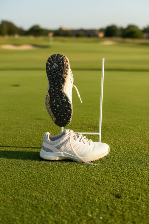 Pair of white Adidas golf shoes on artificial grass, one upright and one showing textured sole with grip pattern