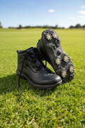 Pair of black Footjoy golf boots on artificial green grass with visible metal spikes on the sole